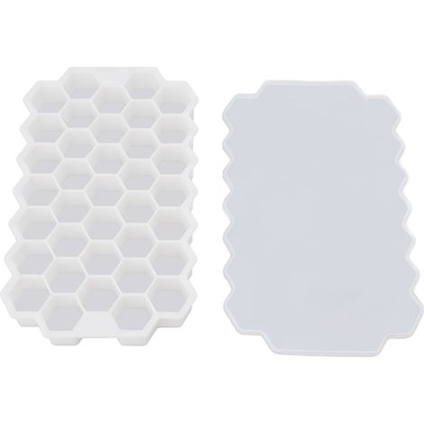 Moule à Glace Silicone Souple 37 Cases en Nid d'Abeille, Bac à Compléments Alimentaires Maison avec Couvercle Blanc
