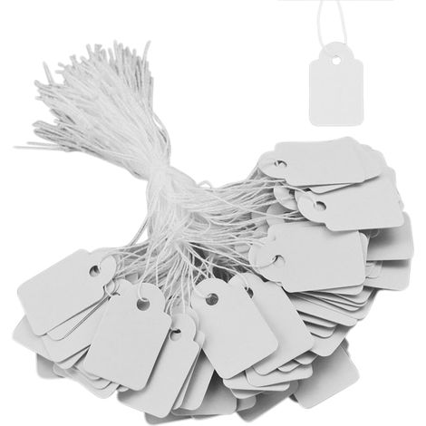 Packung mit 200 weißen Preisschildern für Schmuck (25 x 15 mm) mit Schnur