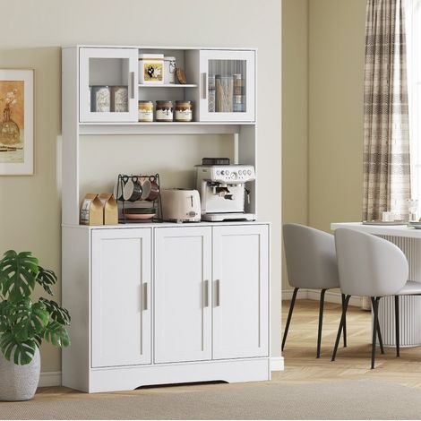 Credenza da cucina bianca con 4 armadi, ripiani regolabili e ante in vetro, 108x35x180 cm (1/5)