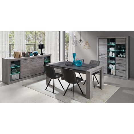 Salle à manger complète chêne grisé Lucine – Buffet 223x95x52cm – Table 180x78x100cm – Éclairage Led intégré (option) – Deladeco
