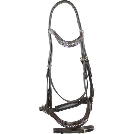 full, marrone: Briglia inglese in cuoio frontalino con strass sagomato a V CON capezzina e sopratesta imbottiti completa di redini in gomma