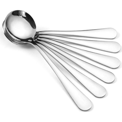 Cuillères à soupe x6, cuillères à bouillon rondes en acier inoxydable, couverts de table brillants, service à soupe poli, lot de 6 pièces (1/5)