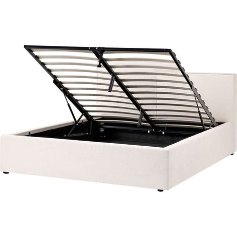Ottoman Bed Off-White Fabric Upholstery EU King Size Asymetrical Headboard Storage Function Scandi LAGARDE (1/5)