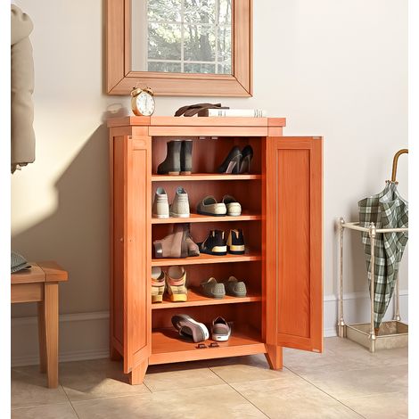 Hallowood Furniture Cotswold Oak Shoe Storage Cupboard with 2 Doors, Solid Tall Wooden Shoe Cabinet Rack, Fits 15 Pairs Footwear, Medium Oak Display Cabinet for Hallway, Kitchen or Living Room (1/5)