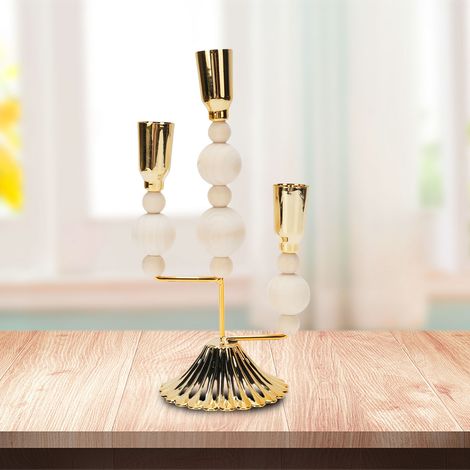 Porte-Bougies Rustique Vintage 3-Candles en Fer et Bois - 22cm - Décor de Table et Cheminée en Doré (1/5)