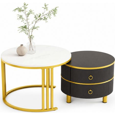 Table basse ronde 2 en 1 en MDF, finition marbre et plateau brillant, avec 2 tiroirs, pieds métal, pour salon moderne et petits espaces - CHICFURN (1/5)