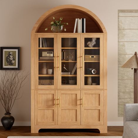 Vaisselier 185 cm Bois Naturel Portes Vitrées Niche Archée Étagères - Réglables Meuble Rangement Cuisine Salon Nordique