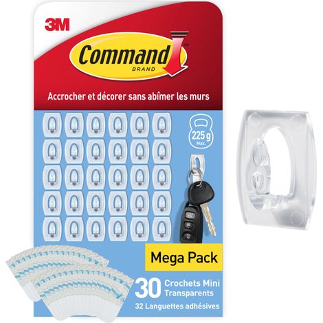 Lot de 2 crochets mini transparents Command™ avec languettes transparentes, 30 crochets + 32 languettes/paquet
