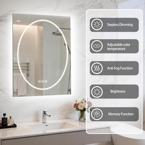60x80 cm Specchio Bagno con Luce Led con Antiappannamento Dimmerabile 3 Colori Luce Memoria