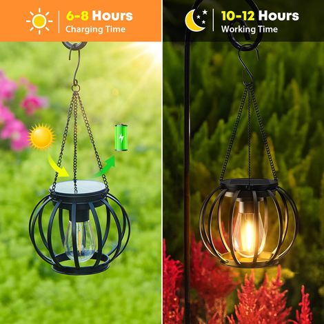 Luci solari da giardino da appendere all'esterno, 2 pezzi Lanterna solare in metallo da esterno con lampadina LED bianco caldo, luci solari impermeabili IP65 da esterno per patio, prato, balcone, cort