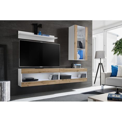 Komodee, Ensemble de Meubles Tivoli SET5,Blanc/Wotan, Largeur 200cm x Hauteur 195 cm x Profondeur 35 cm, sans LED, pour Salon, Chambre à coucher (1/5)