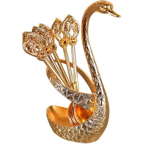 Ensemble de 6 cuillères à café avec support cygne, cuillères à thé et cuillères à dessert, cuillères en forme de cygne, ensemble de cuillères à café dorées vintage avec support, ensemble de couverts à (1/5)