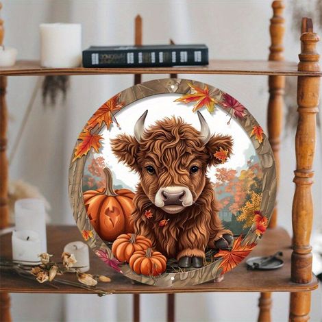 Panneau Décoratif Rond - Bois - Motif Vache Citrouille - Pour Porte ou Mur - Thanksgiving - 20 x 20 cm - 1 Pièce (1/5)