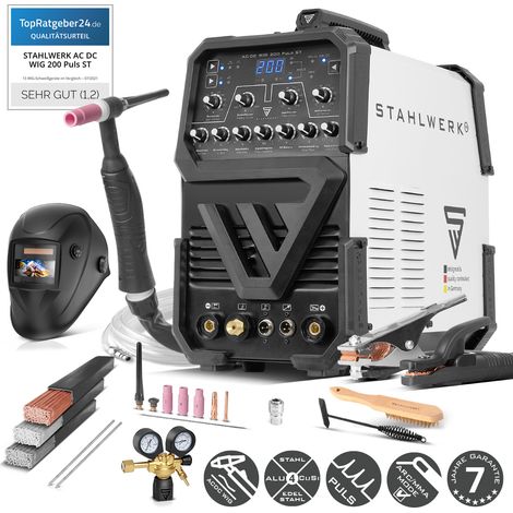 STAHLWERK Schutzgasschweißgerät AC/DC WIG 200 Puls ST – Vollausstattung – IGBT-Inverter mit AC-Modus, MMA (E-Hand/ARC) bis 200 A, HF-Zündung, Pulsfunktion, 2T/4T-Modus, Hotstart, Alu & Dünnblech (1/5)