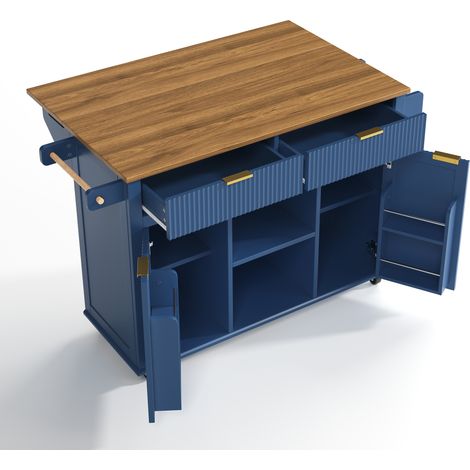 Isla de cocina móvil 143 x 45 cm con tablero abatible, 2 cajones y 2 puertas, azul (1/5)