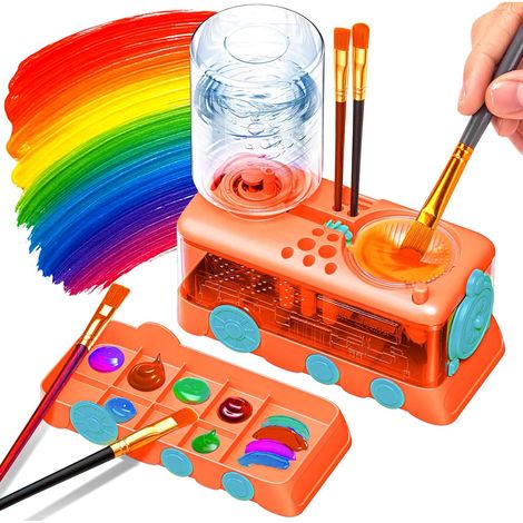 Brush Rinser Nettoyeur de Paint Pinceaux, Boîte de Lavage de Pinceauxmultifonctions Art Tools avec Circuit d'eau, Support de Pinceaux et Palette, orange