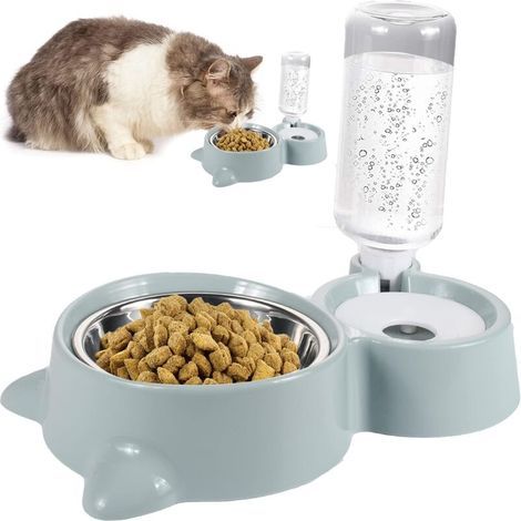 Ciotola doppia per gatti, distributore di cibo per animali domestici con doppia ciotola per gatti e cani di piccola taglia, verde, 2 in 1. (1/5)