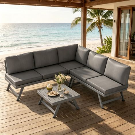 Salotto da giardino angolare 4 pezzi grigio, 5 posti, con tavolino OKMYHOME (1/5)