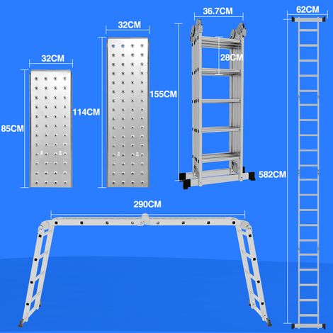 Jiubiaz Leiter Mehrzweckleiter Alu Gelenkleiter Klappleiter 582cm Multifunktionsleiter Aluleiter Mit Plattform Bis 150KG 4 X 5 Stufen Silber