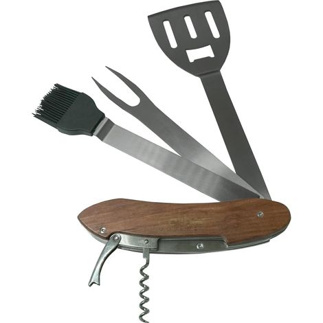 Ensemble d'accessoires de barbecue multifonctions 5 en 1, idéal pour le camping et le barbecue. Comprend une brosse, une spatule, une fourchette et une bouteille. (1/5)