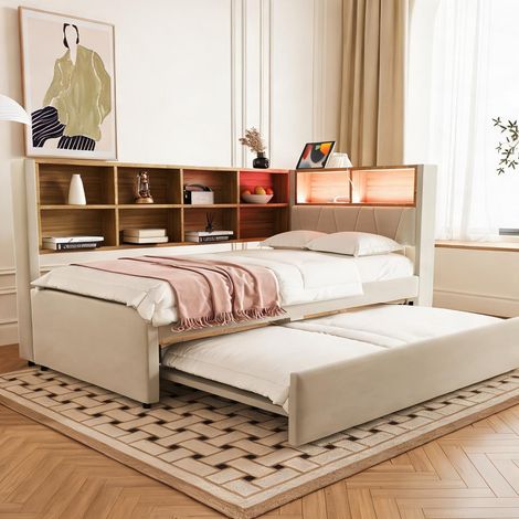 Cadre de lit beige en flannelette 213 x 103 x 98 cm (1/5)