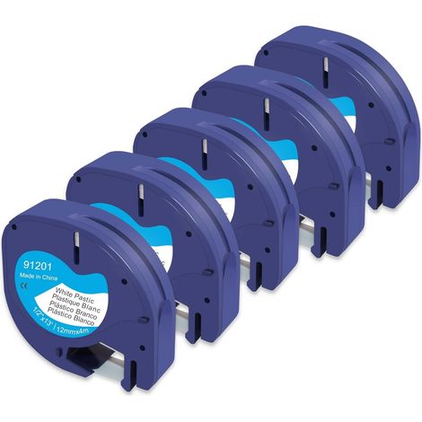 5er-Pack Etiketten, kompatibel mit Dymo LetraTag 91221 S0721610 91201 – Schwarzer Kunststoff auf weißem Untergrund, 12 mm x 4 m – Für Etikettendrucker LT-100H und LT-110T (1/5)