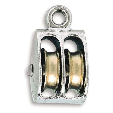 Polea de ojo con dos rodillos de Zamak niquelados de 25 mm de diámetro para cuerda de 6 mm