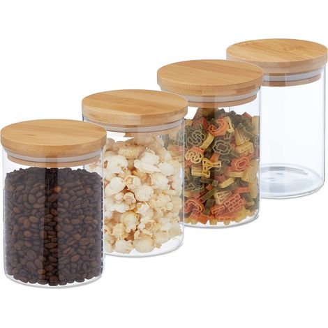 Lot de 4 bocaux en verre, petits, avec couvercle bambou, 750 ml, hermétique, transparent/naturel (1/5)