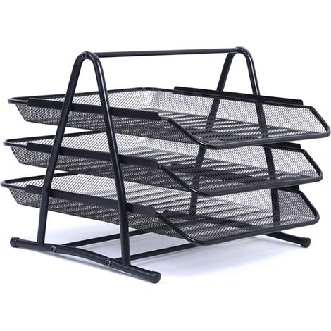 Plateau de classement métallique noir 9205 - Plateau de rangement à trois couches en fil métallique épais - Étagère de bureau simple - Usage bureautique (1/5)