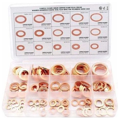 150pcs Rondelle Cuivre Joint Vidange Assortiment Kit M5, M6, M8, M10, M12, M14,M16,M18,M20,M22, 15 Tailles,Rondelle Plate pour L'étanchéité des Vis Bagues D'étanchéité Ternel (1/5)