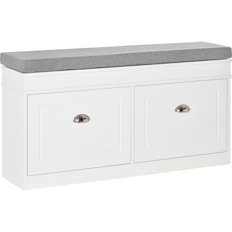 Banc à chaussures en bois gain de place avec coussin, 2 tiroirs et étagère réglable pour 8 paires de chaussures, 104 x 24 x 55 cm, blanc (1/5)