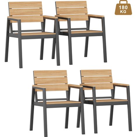 Chaises de Jardin Lot de 4, HDPS Chaises d'Extérieur en Aluminium Résistantes Imperméables avec Finition à Veine de Bois, Assise de Taille Améliorée Supportant 160 kg Faciles à Nettoyer,Naturel (1/5)