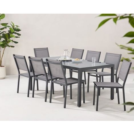 Ensemble repas de jardin 8 places – Table rectangulaire 180 cm en aluminium avec plateau en verre trempé – Chaises en textilène gris