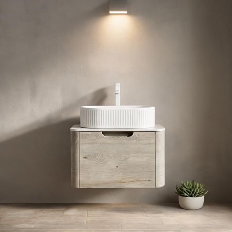 Meuble vasque suspendu 60 cm en chêne crème avec plan en pierre (1/5)