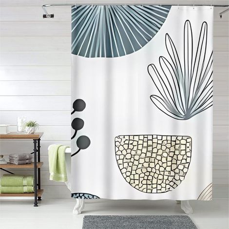 Rideau de douche motifs rétro géométriques, œillets plastique, lavable machine (1/5)