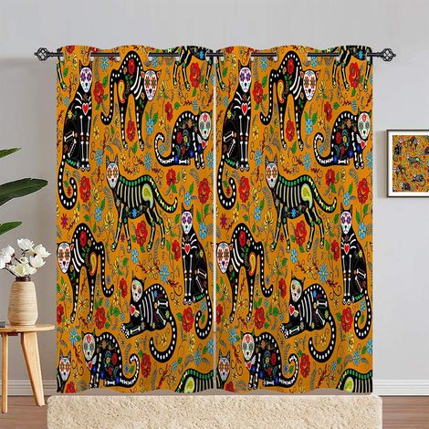 Rideau Occultant Coloré Squelette Chat Fleur Tenture Opaque à Oeillets Draperies Intérieurs Rideau Thermique Isolant pour Maison Chambre Salon Fenetre 2 Pièces L 117 x H 183 cm - 117L X 183H cm (2 Pan (1/5)