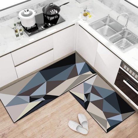 Long Non-Slip Kitchen Mat with Geometric Patterns, Washable Absorbent Diatomite Kitchen Mat in Front of Sink, Bath Mat for Dishes and Shower (Blue, 50x80cm) (1/5)