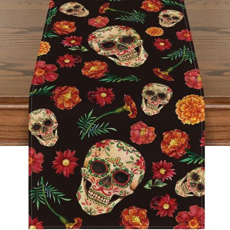 Chemin de table mexicain pour la Fête des Morts, motif floral et crânes, décoration d'Halloween pour salon et meuble TV - 30 x 180 cm (polyester) - WSJZQ-3