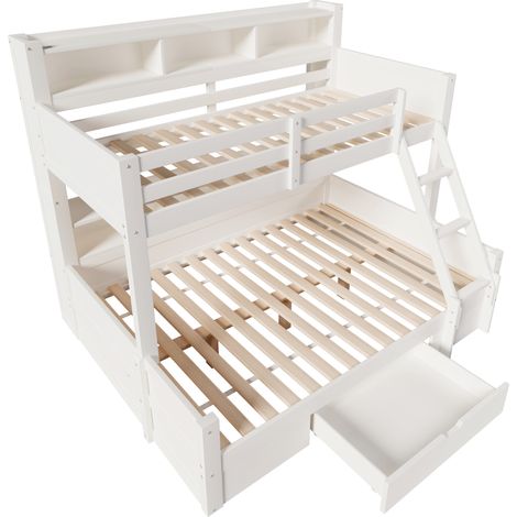 Etagenbett 90x200 + 140x200 weiß mit Leiter, Stauraum, Schublade und LED (1/5)