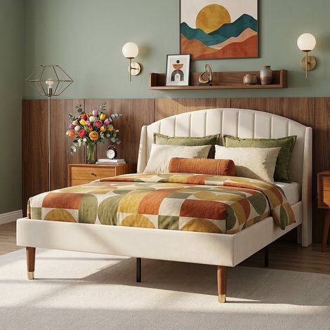 Lit double 140x190 cm en velours avec sommier à lattes, tête de lit capitonnée design et pieds en bois style scandinave, cadre de lit moderne - Beige (1/5)