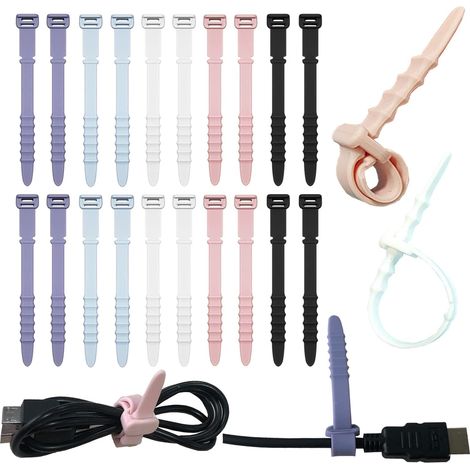 Wiederverwendbare Silikon-Kabelbinder, 20er-Packung für optimales Kabelmanagement, flexible Kabelorganisatoren, ideal für Homeoffice. 11,4 cm (4,5 Zoll) lange Kabelbinder in Weiß, Schwarz, Rosa, Lila 