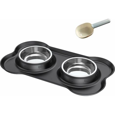 2x400ML Gamelle pour Petit Chat et Chien, Gamelle en Acier Inoxydable Anti-derapante Anti-debordement et Anti-deversant, Bol Double INOX avec Tapis en Silicone