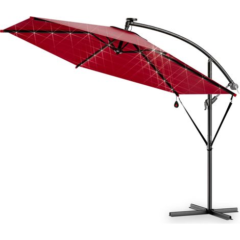 KINGSLEEVE® Parasol 3m/3.5m Aluminium Cantilever Garden Parasol with LED Solar Lights, Cover, UV SPF 80+ 300cm Sun Umbrella for Garden Tiltable, Crank Handle Patio Umbrella Sun Shade Haiti/Mali Red (1/10)