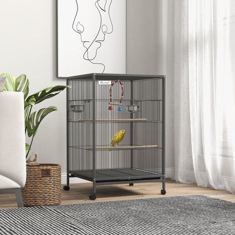 Cage à oiseaux en acier et plastique PP avec 5 portes - 48x46x74 cm - plateau à coulisses et à retirer - 2 perchoirs - gris