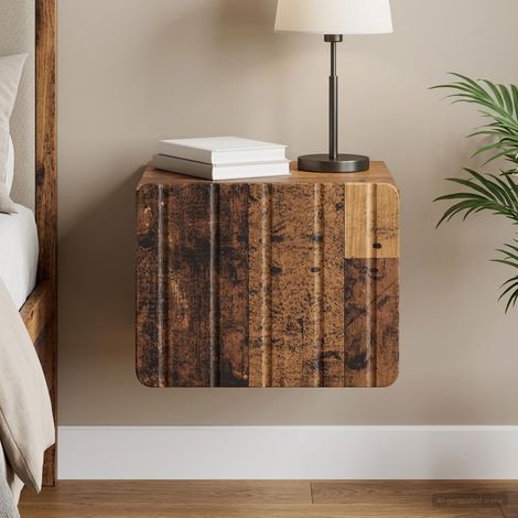 Table de chevet murale vintage en bois d'ingénierie, 1 tiroir, bois ancien, 33 x 34,5 x 24 cm - PANGIVO (1/5)