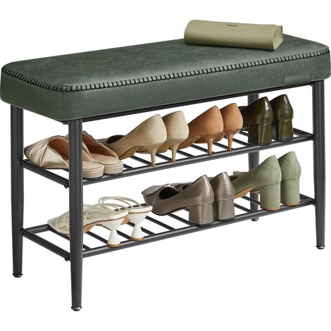 Banc à Chaussures, Banc de Rangement, Meuble d’Entrée, PU avec Coutures, Style Moderne Mi-siècle, Charge 135 kg, 30 x 80 x 50 cm, Vert Forêt LSB054CH01 (1/5)