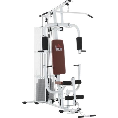 Fitnessstation aus weißem Metall mit Gewichten, Latzug und Beincurl 150 x 110 x 210 cm (1/4)