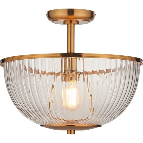 Endon Somerset Plafonnier semi-encastré style bol, finition laiton vintage et verre strié transparent, culot E27