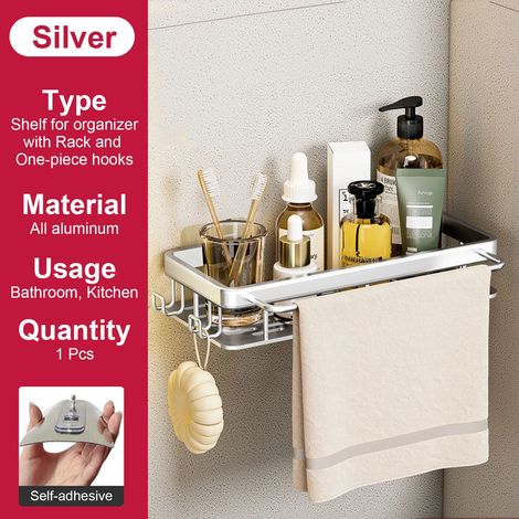 (Argenté avec support) Étagère de salle de bain murale sans perçage pour flacons de shampoing, étagère d'angle pour douche, étagère de rangement pour toilettes, accessoires de salle de bain et de cuis (1/5)