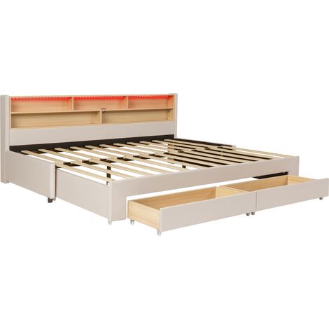 Lit rembourré escamotable 90x200 cm en velours beige avec 2 tiroirs et LED (1/5)